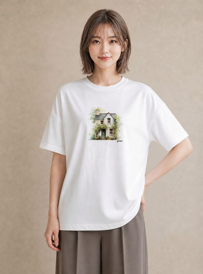 半袖Tシャツ レディース 湖畔の小屋 湖 小屋 ナチュラル アンティーク イラスト シック ラフ レイヤード 白T YMAZO