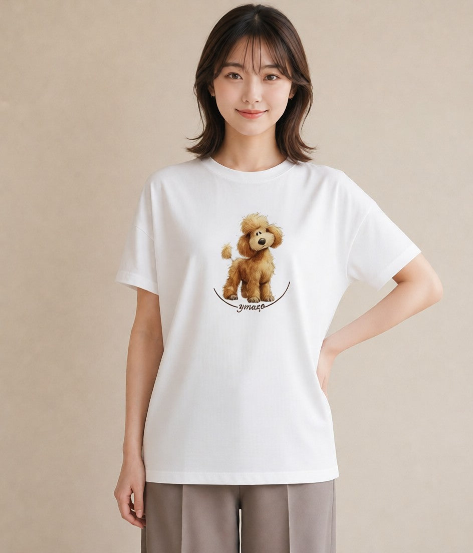 半袖Tシャツ レディース トイプードル プードル 犬 いぬ イラスト 手描き風 カジュアルコーデ 買い物 白T YMAZO