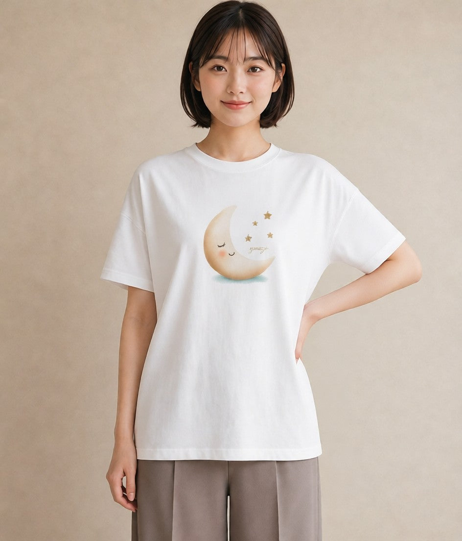 半袖Tシャツ レディース 三日月 星空 宇宙 イラスト モード 夏コーデ 通学 白T YMAZO
