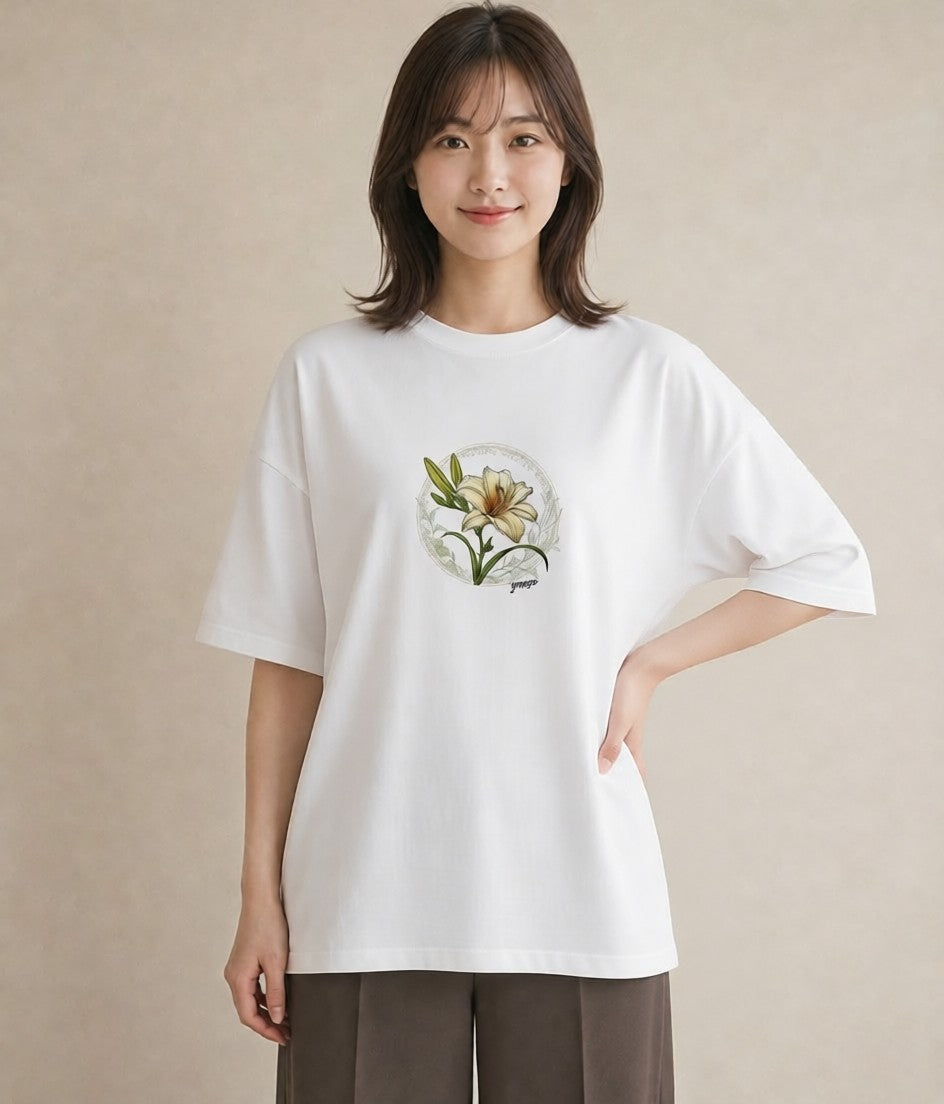 プリントTシャツ レディース ゆり 百合 花 花柄 イラスト 韓国風 女性向けギフト 散歩 白T YMAZO