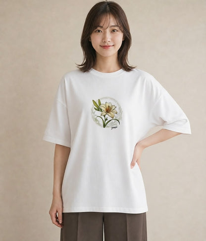 プリントTシャツ レディース ゆり 百合 花 花柄 イラスト 韓国風 女性向けギフト 散歩 白T YMAZO