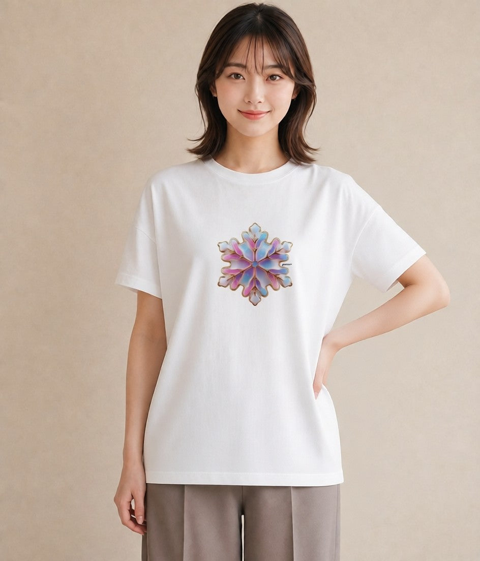 グラフィックTシャツ レディース 雪の結晶 星空 宇宙 イラスト 線画 20代 カジュアルコーデ 白T YMAZO