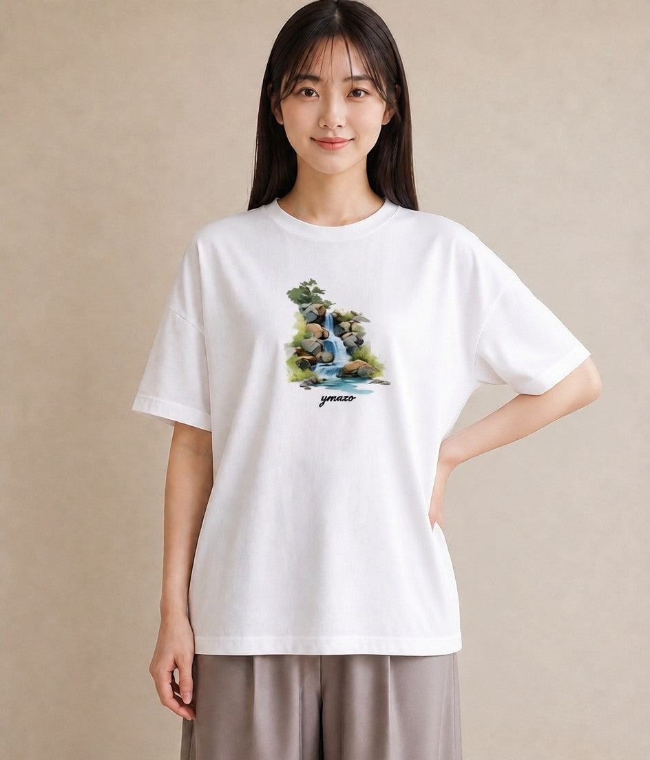 グラフィックTシャツ レディース 小川 橋 せせらぎ ナチュラル アンティーク イラスト シック クリスマス 旅行 白T YMAZO