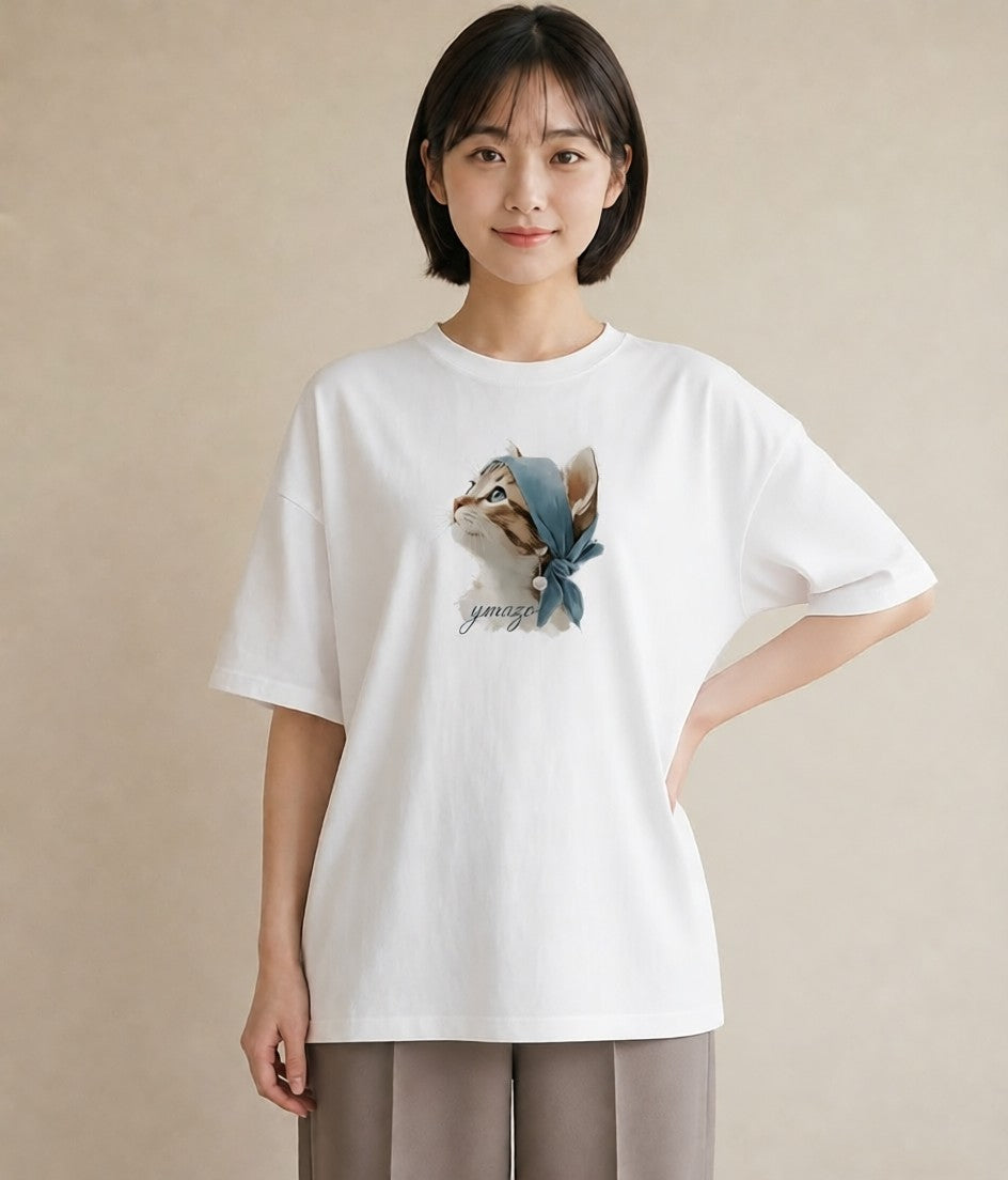デザインTシャツ レディース 猫好き 猫 ねこ イラスト 旅行コーデ 自分用 ルームウェア 白T YMAZO
