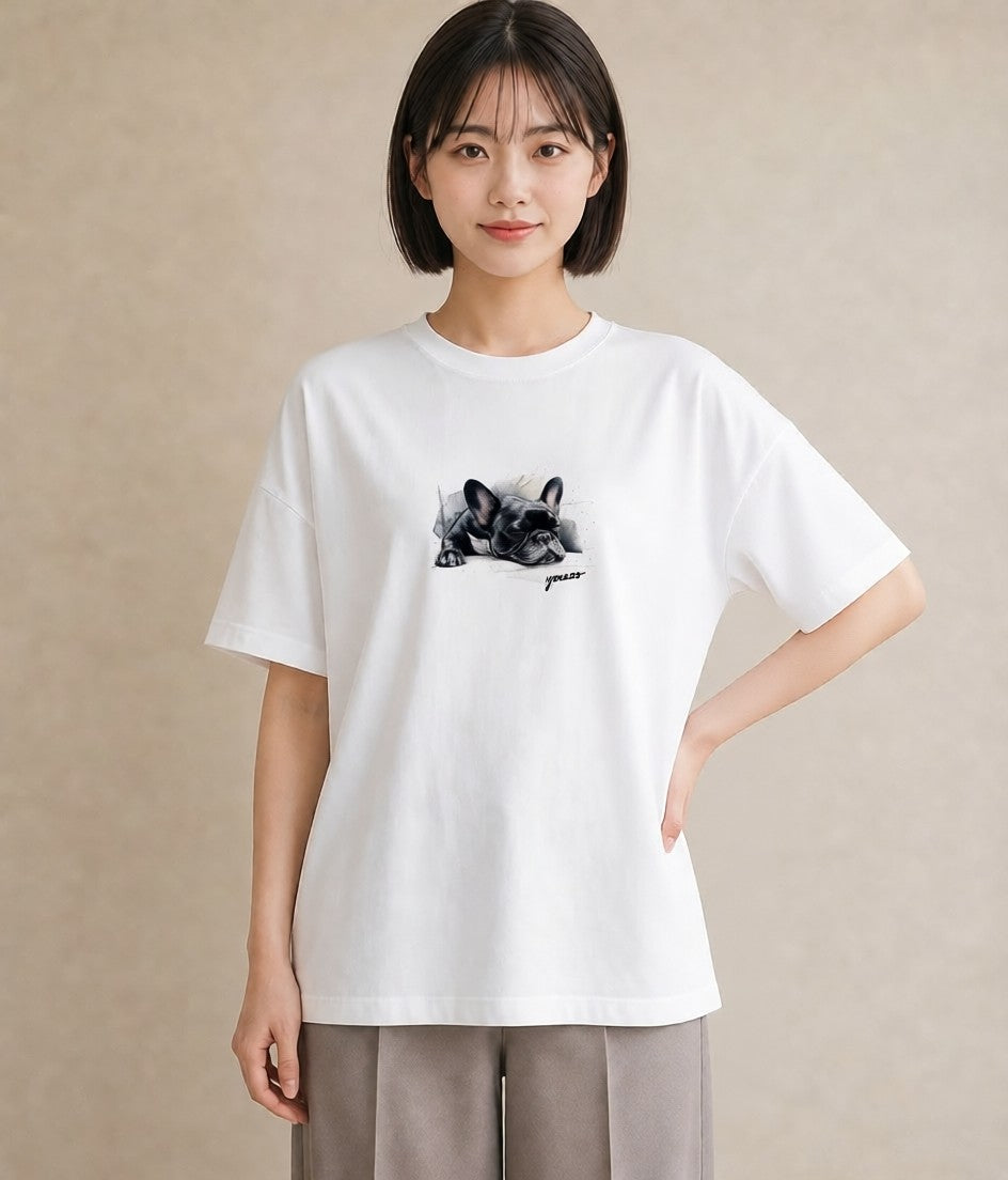 グラフィックTシャツ レディース フレンチブルドッグ フレブル 犬 いぬ イラスト 個性的 誕生日プレゼント 綿100 白T YMAZO