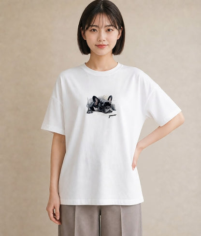 グラフィックTシャツ レディース フレンチブルドッグ フレブル 犬 いぬ イラスト 個性的 誕生日プレゼント 綿100 白T YMAZO