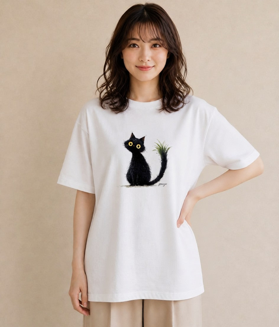グラフィックTシャツ レディース 黒猫 猫 ねこ イラスト きれいめ おしゃれギフト 社会人 白T YMAZO