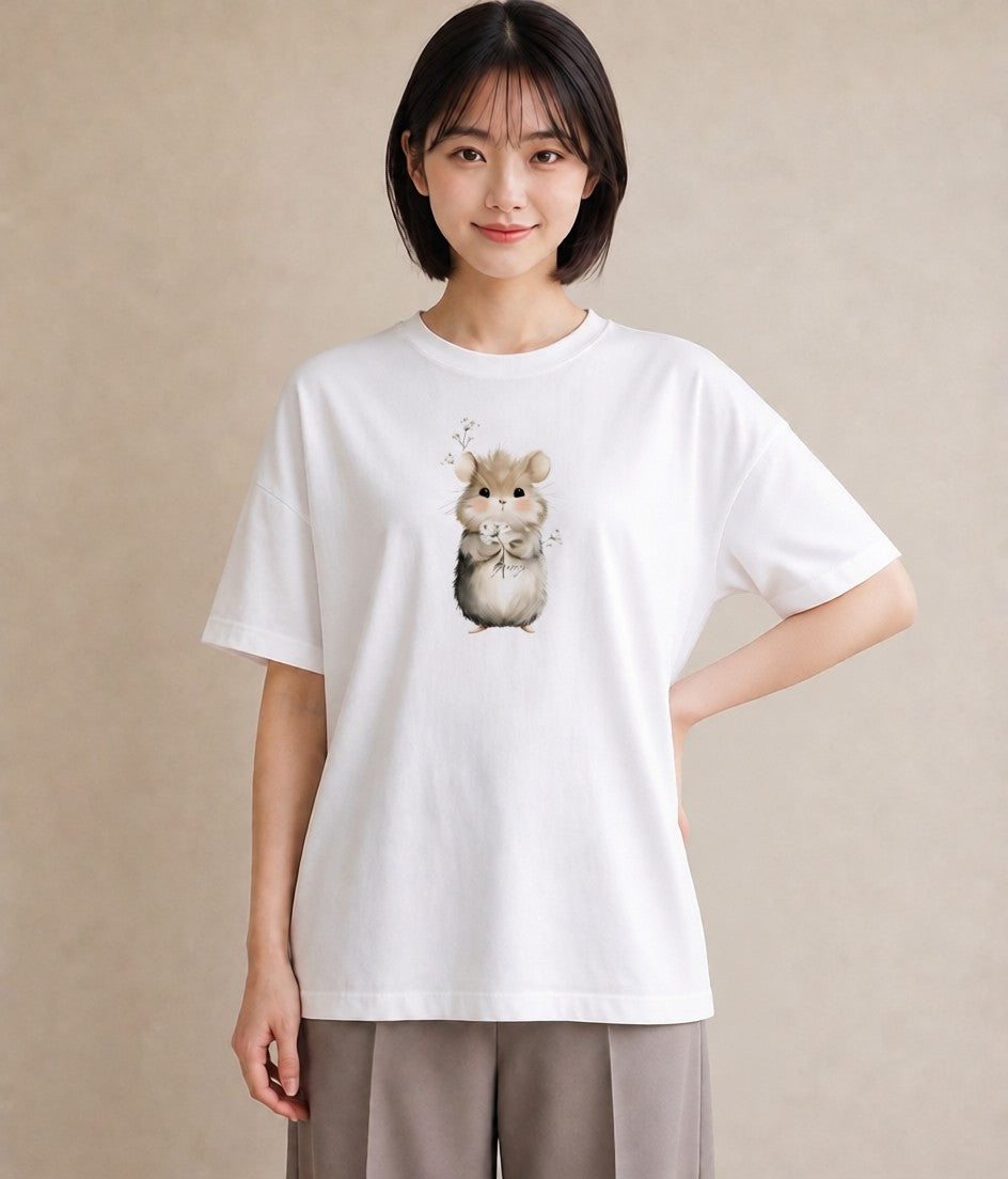 デザインTシャツ レディース ジャンガリアンハムスター ペット 動物 イラスト シック 海 カフェ巡り 白T YMAZO