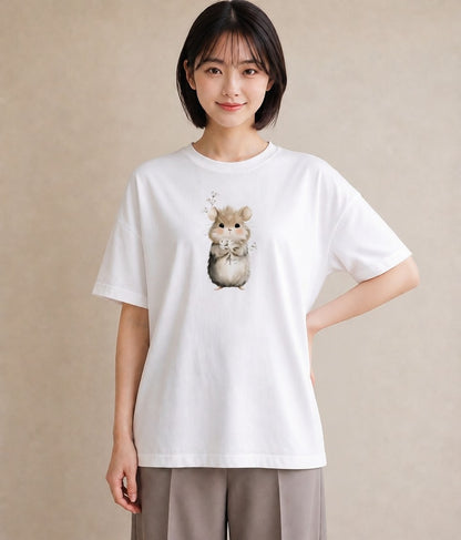 デザインTシャツ レディース ジャンガリアンハムスター ペット 動物 イラスト シック 海 カフェ巡り 白T YMAZO