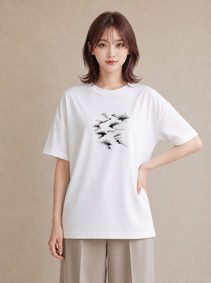 グラフィックTシャツ レディース 小川 橋 せせらぎ ナチュラル アンティーク イラスト こなれ感 買い物 夏コーデ 白T YMAZO