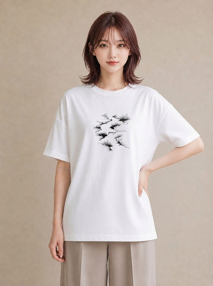 グラフィックTシャツ レディース 小川 橋 せせらぎ ナチュラル アンティーク イラスト こなれ感 買い物 夏コーデ 白T YMAZO