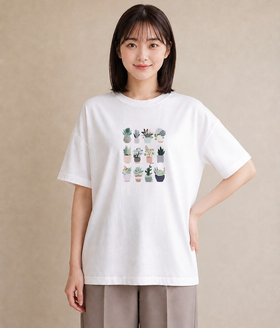 Tシャツ レディース 多肉植物 植物 ボタニカル イラスト きれいめカジュアル 自分用 ルームウェア 白T YMAZO