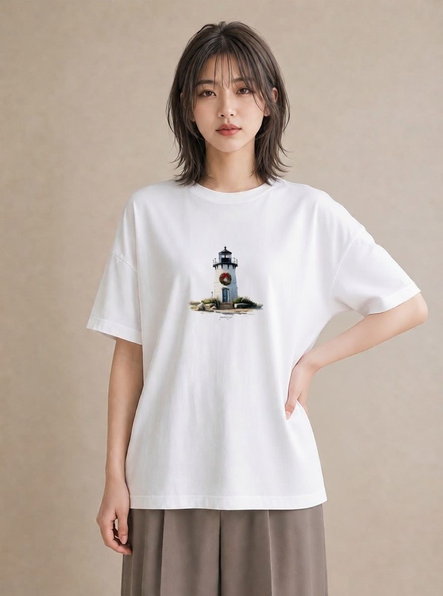 Tシャツ レディース 灯台 霧 海 ナチュラル アンティーク イラスト 淡色 デイリーウェア 休日 白T YMAZO