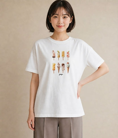 プリントTシャツ レディース ソフトクリーム 食べ物 フード イラスト カフェコーデ 休日 ペアコーデ 白T YMAZO