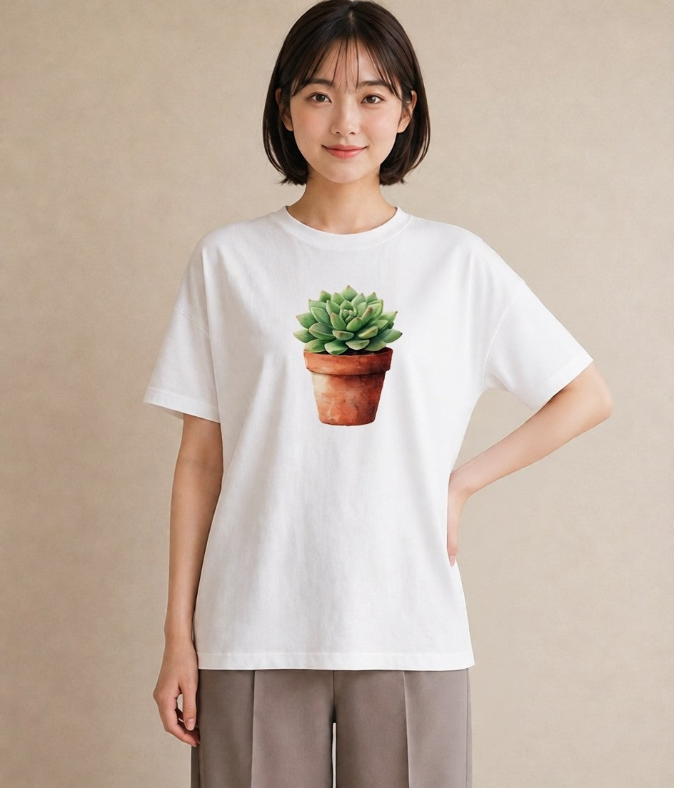 デザインTシャツ レディース 多肉植物 植物 ボタニカル イラスト シンプル 公園 ママ 白T YMAZO