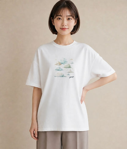 半袖Tシャツ レディース 空 星空 宇宙 イラスト こなれ感 ミセス 春コーデ 白T YMAZO