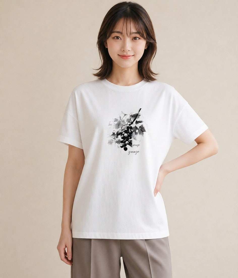 Tシャツ レディース ぶどう 葡萄 食べ物 フード イラスト ゆるコーデ ギフト 母の日 白T YMAZO
