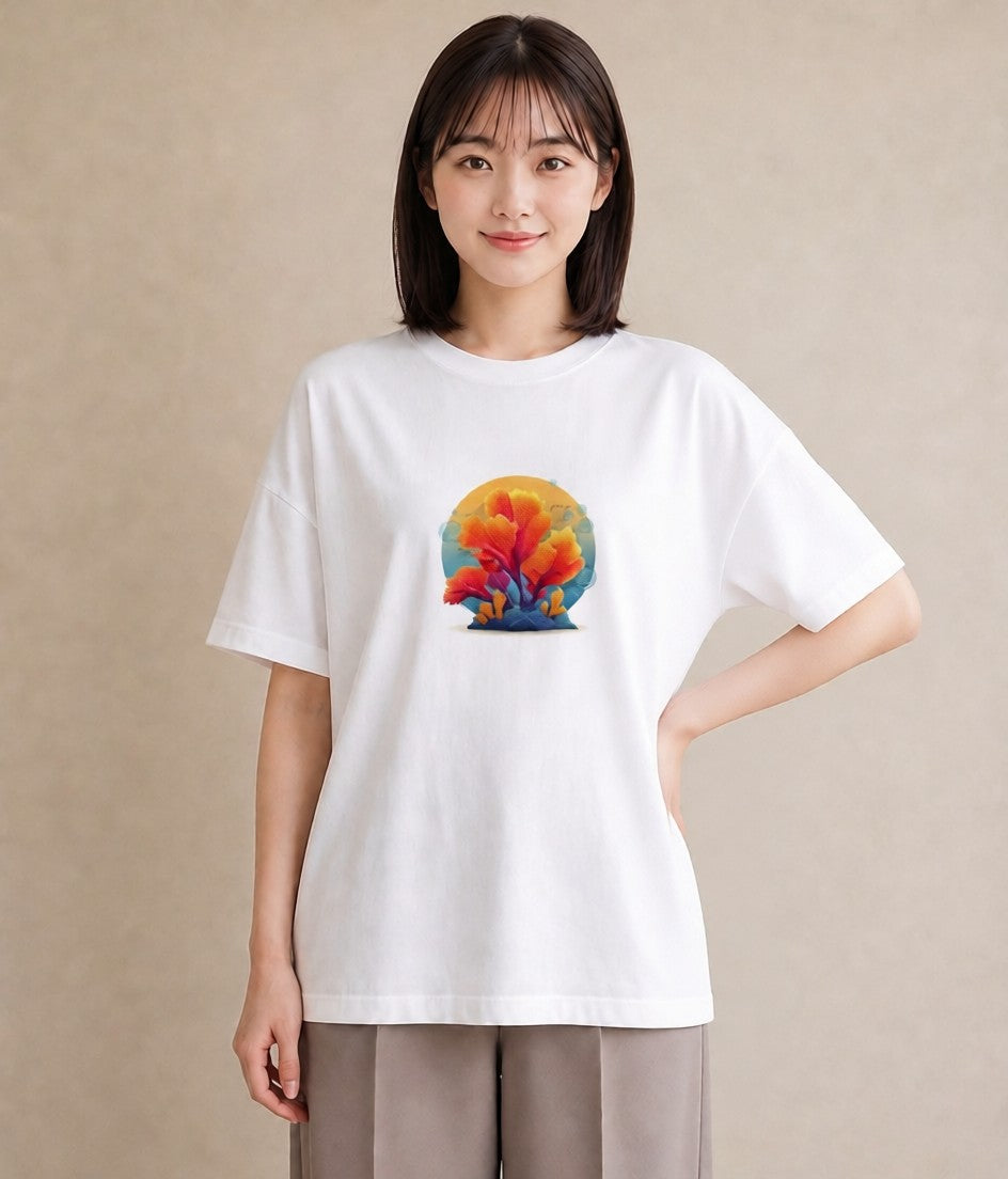 半袖Tシャツ レディース サンゴ 海の生き物 海 イラスト こなれ感 20代 カジュアルコーデ 白T YMAZO