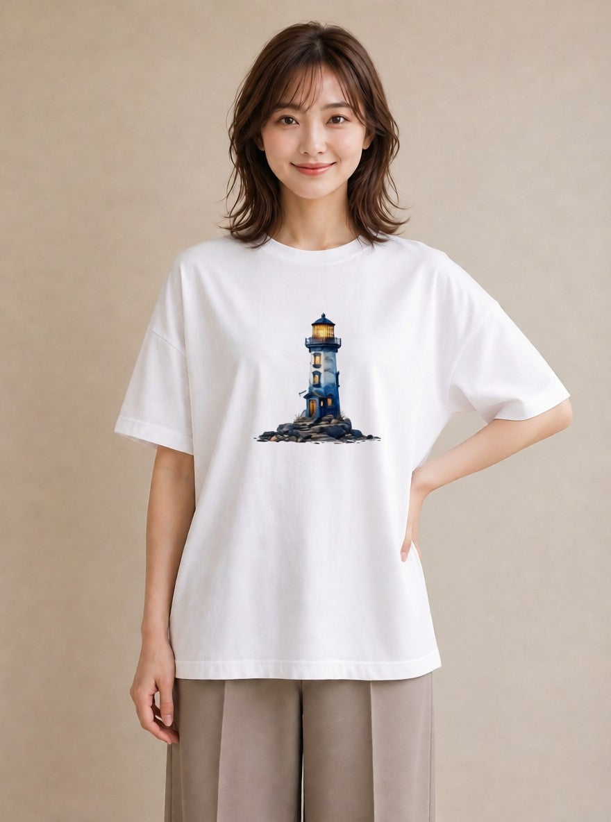 Tシャツ レディース 灯台 霧 海 ナチュラル アンティーク イラスト きれいめ カフェ巡り 女子会 白T YMAZO
