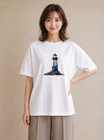 Tシャツ レディース 灯台 霧 海 ナチュラル アンティーク イラスト きれいめ カフェ巡り 女子会 白T YMAZO