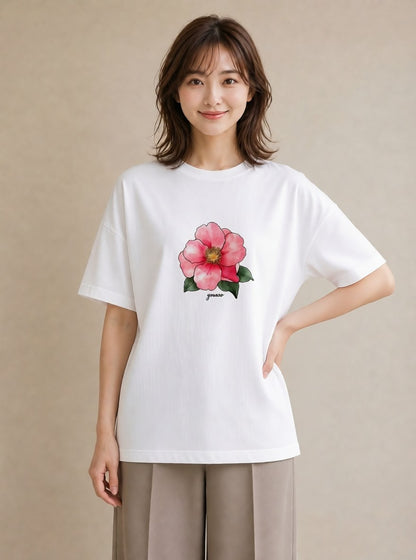 Tシャツ レディース 牡丹 花 花柄 イラスト ミニマル 買い物 夏コーデ 白T YMAZO
