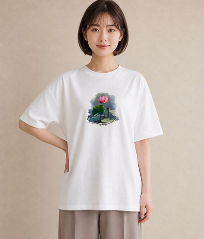 プリントTシャツ レディース 蓮 花 花柄 イラスト 線画 デイリーウェア 休日 白T YMAZO