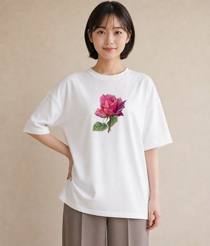 プリントTシャツ レディース バラ 薔薇 ローズ 花 花柄 イラスト カフェ服 クリスマス 白T YMAZO