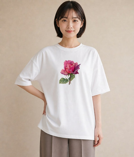 プリントTシャツ レディース バラ 薔薇 ローズ 花 花柄 イラスト カフェ服 クリスマス 白T YMAZO