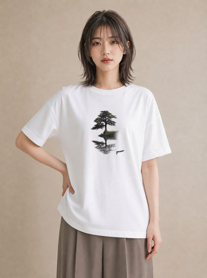 半袖Tシャツ レディース 青の水彩 風景 ブルー ナチュラル アンティーク イラスト 上品 自分用 ルームウェア 白T YMAZO