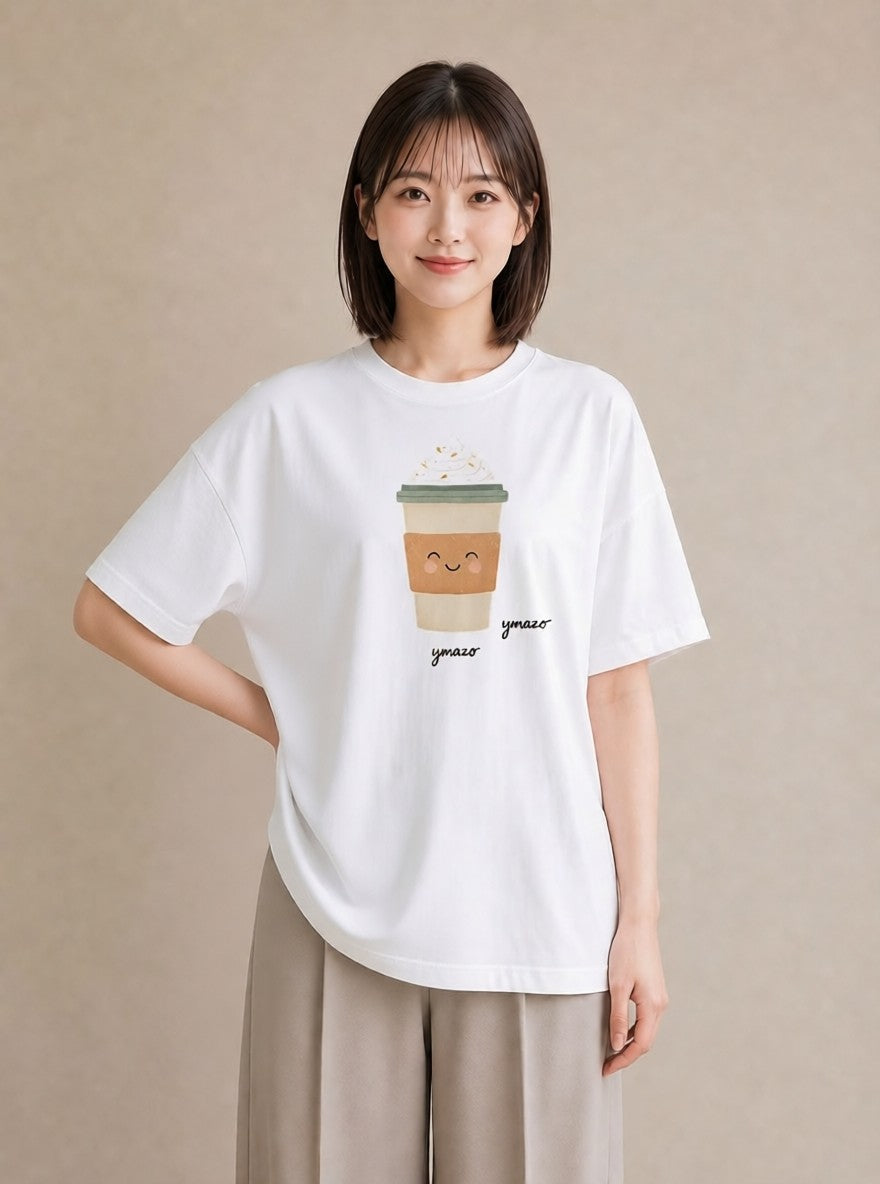 半袖Tシャツ レディース カフェラテ 食べ物 フード イラスト ニュアンス デート 帰省 白T YMAZO