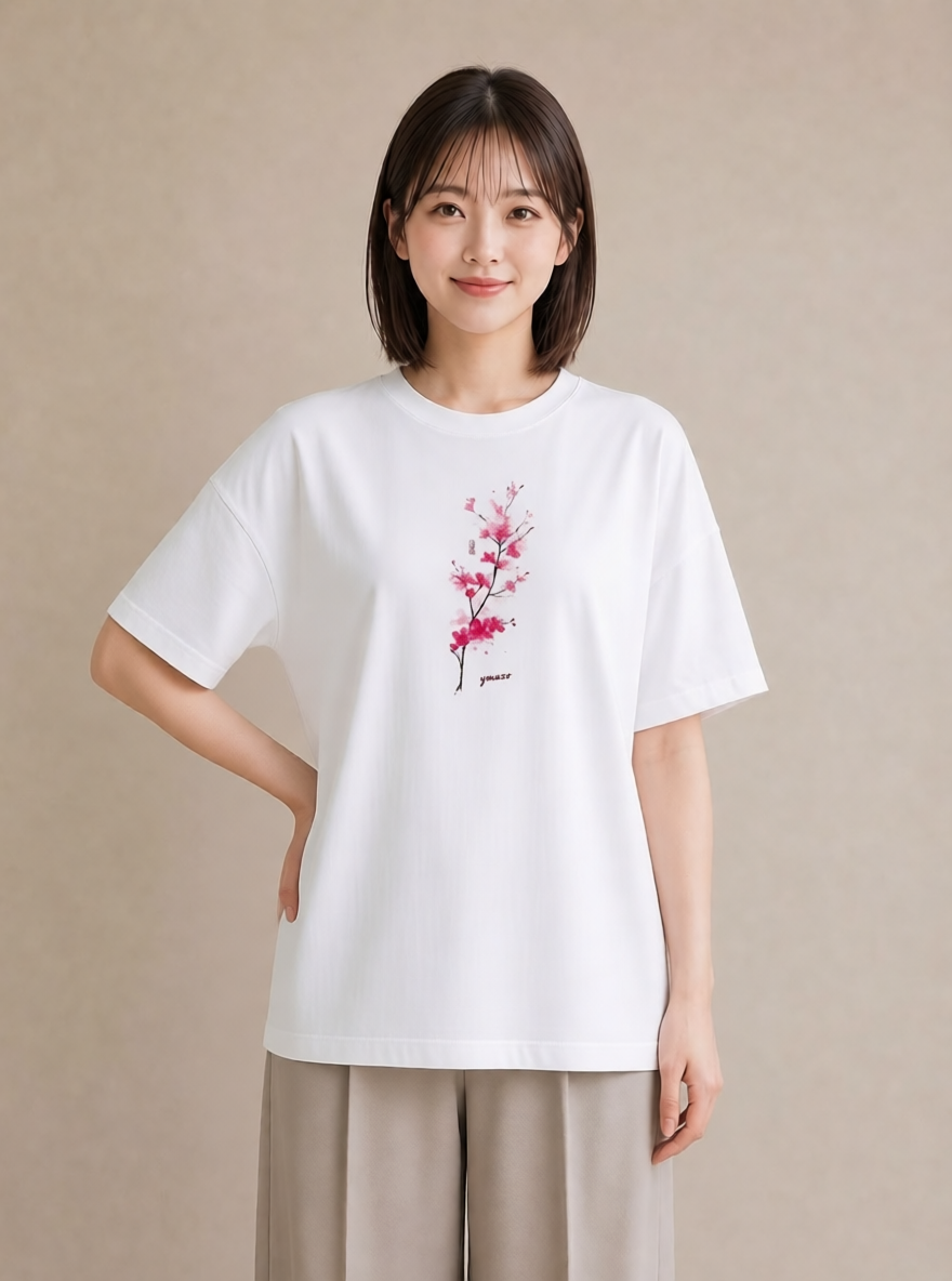 Tシャツ レディース 梅 花 花柄 イラスト レトロ 春服 ミセス 白T YMAZO