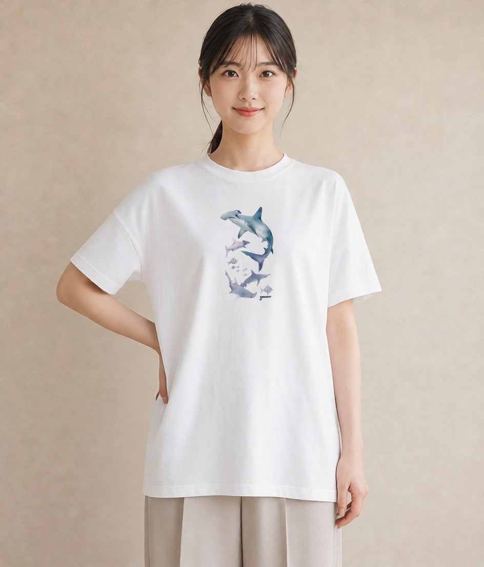 Tシャツ レディース サメ 海の生き物 海 イラスト きれいめ 母娘コーデ 自分用 白T YMAZO