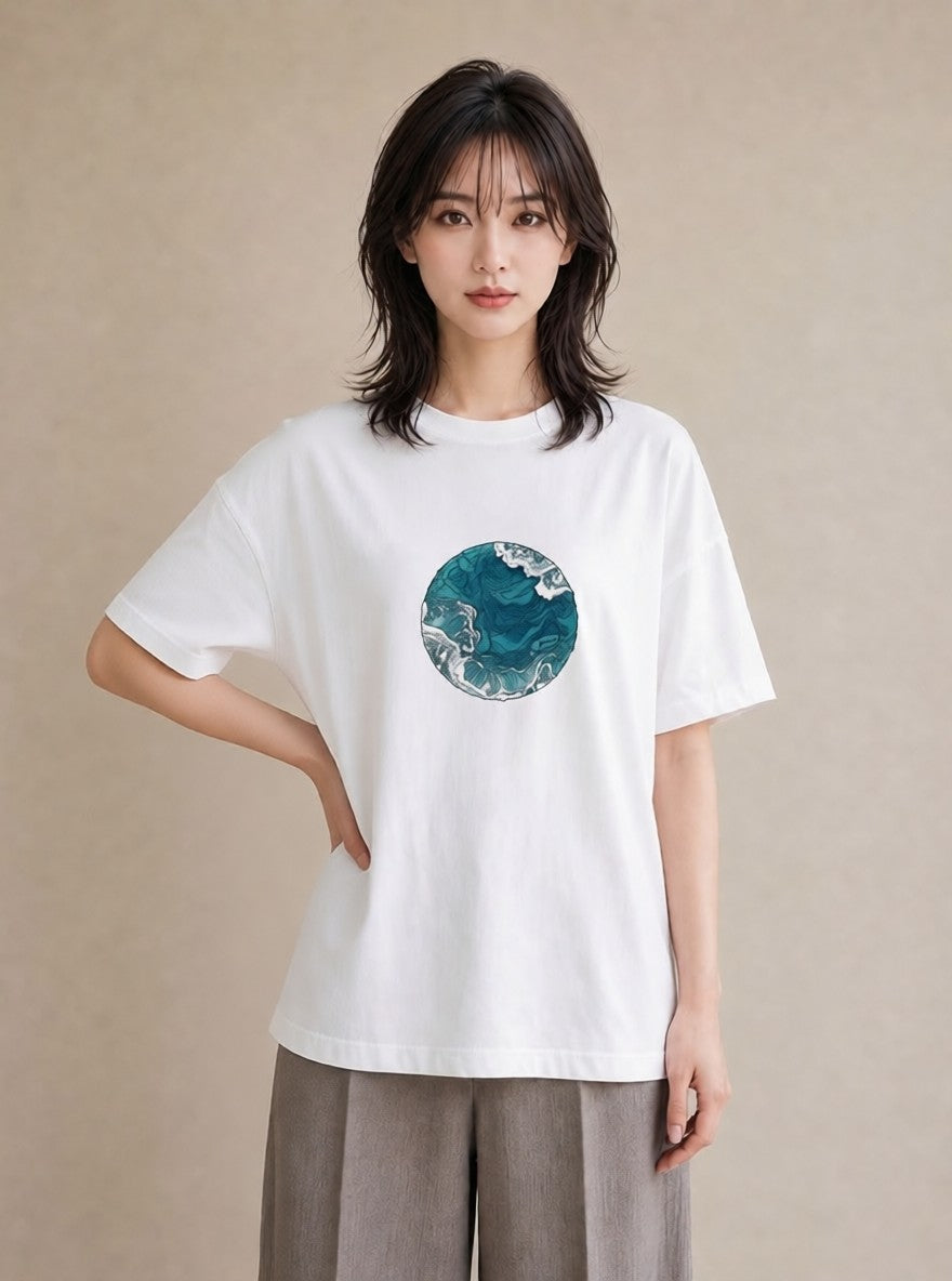 デザインTシャツ レディース 海 星空 宇宙 イラスト ラフカジュアル ママ カフェ服 白T YMAZO