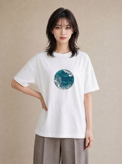 デザインTシャツ レディース 海 星空 宇宙 イラスト ラフカジュアル ママ カフェ服 白T YMAZO