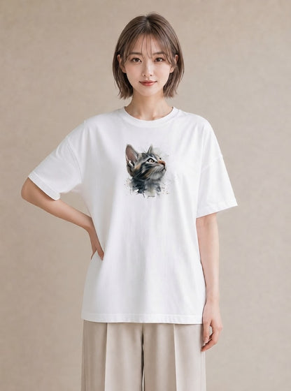 半袖Tシャツ レディース 猫 ねこ イラスト きれいめカジュアル 在宅 公園 白T YMAZO