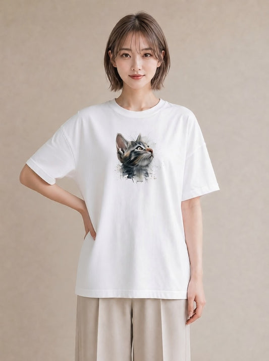 半袖Tシャツ レディース 猫 ねこ イラスト きれいめカジュアル 在宅 公園 白T YMAZO