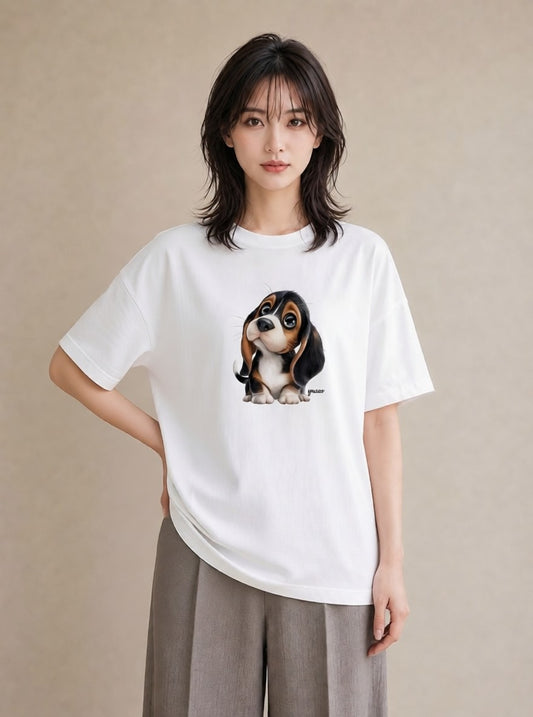 半袖Tシャツ レディース ビーグル 犬 いぬ イラスト 旅行コーデ 通勤 在宅 白T YMAZO
