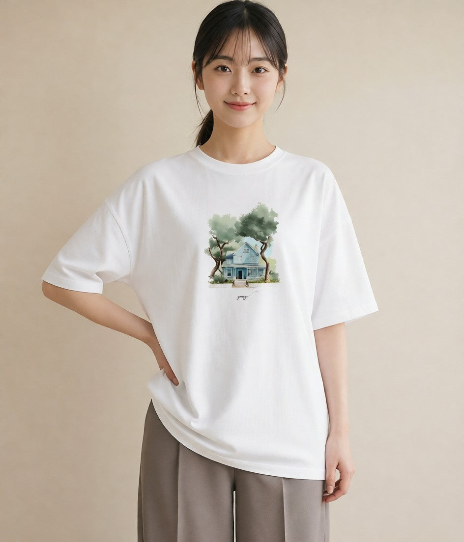 プリントTシャツ レディース 湖畔の小屋 湖 小屋 ナチュラル アンティーク イラスト アート風 ミセス 春コーデ 白T YMAZO