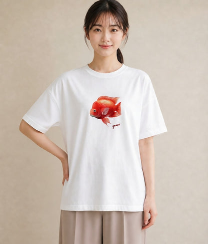 半袖Tシャツ レディース 出目金 ペット 動物 イラスト ユニーク 女性向けギフト 散歩 白T YMAZO