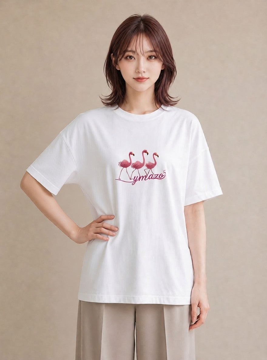 Tシャツ レディース フラミンゴ 動物 アニマル イラスト モード 通勤 在宅 白T YMAZO