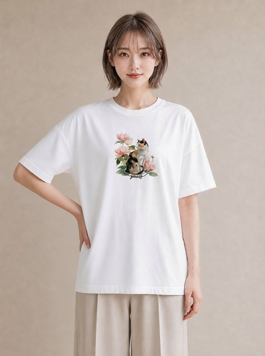 グラフィックTシャツ レディース おすわり猫 猫 ねこ イラスト 可愛い 週末コーデ 敬老の日 白T YMAZO