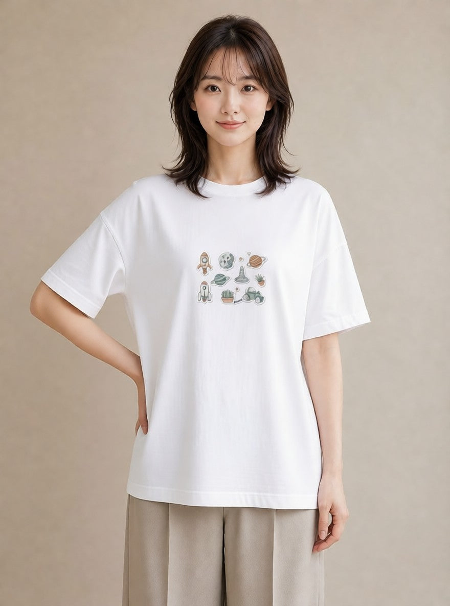 Tシャツ レディース 宇宙 星空 イラスト アート風 通勤 在宅 白T YMAZO