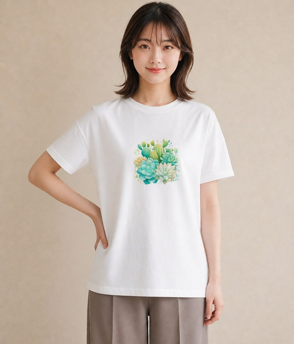 グラフィックTシャツ レディース サボテン 植物 ボタニカル イラスト ゆるかわ ビーチ デイリーウェア 白T YMAZO