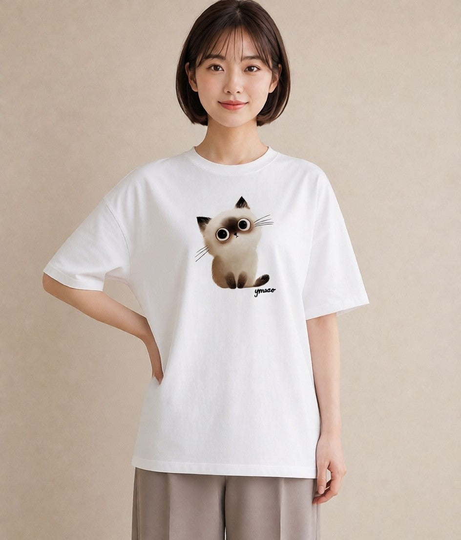 プリントTシャツ レディース 白猫 猫 ねこ イラスト お洒落 女性向けギフト 散歩 白T YMAZO