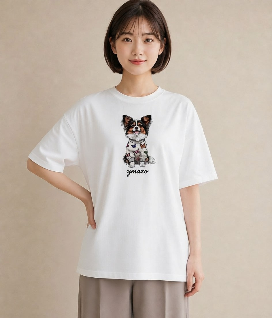 グラフィックTシャツ レディース パピヨン 犬 いぬ イラスト 北欧風 秋コーデ おしゃれギフト 白T YMAZO