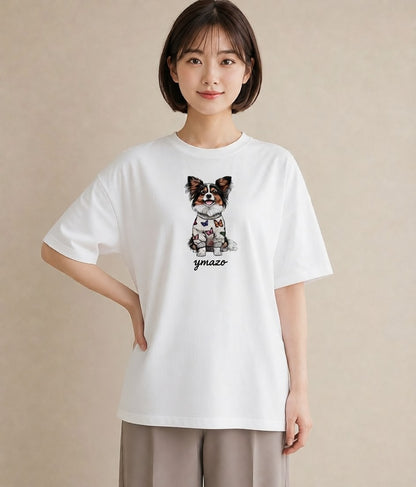 グラフィックTシャツ レディース パピヨン 犬 いぬ イラスト 北欧風 秋コーデ おしゃれギフト 白T YMAZO
