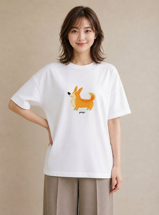 デザインTシャツ レディース ウェルシュコーギー コーギー 犬 いぬ イラスト 休日コーデ 普段着 週末コーデ 白T YMAZO