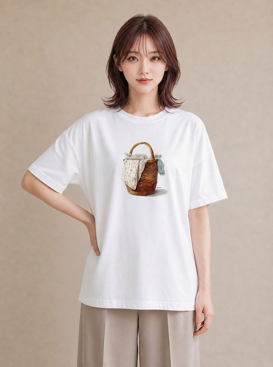 Tシャツ レディース 自転車のかご 自転車 花かご ナチュラル アンティーク イラスト 水彩風 春服 ミセス 白T YMAZO