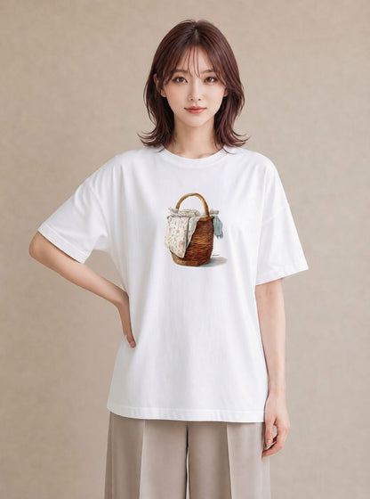 Tシャツ レディース 自転車のかご 自転車 花かご ナチュラル アンティーク イラスト 水彩風 春服 ミセス 白T YMAZO