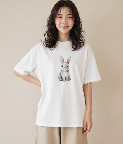グラフィックTシャツ レディース ミニうさぎ ペット 動物 イラスト 淡色 誕生日プレゼント 綿100 白T YMAZO